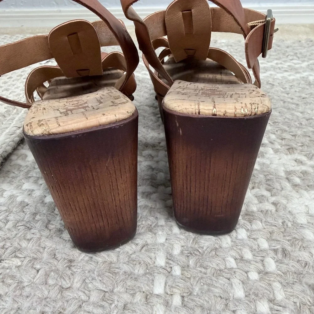 Korks Brown Gladiator Platform Sandals Wood Block Heel Studded Strappy Clogs 10